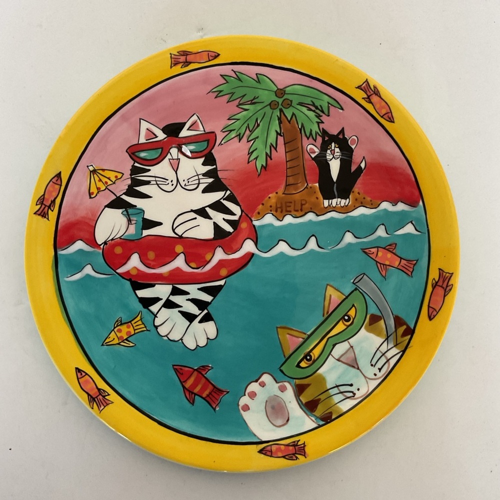 2003 Candace Reiter "catzilla" 8” Plate Beach Party Ocean Island Cats
